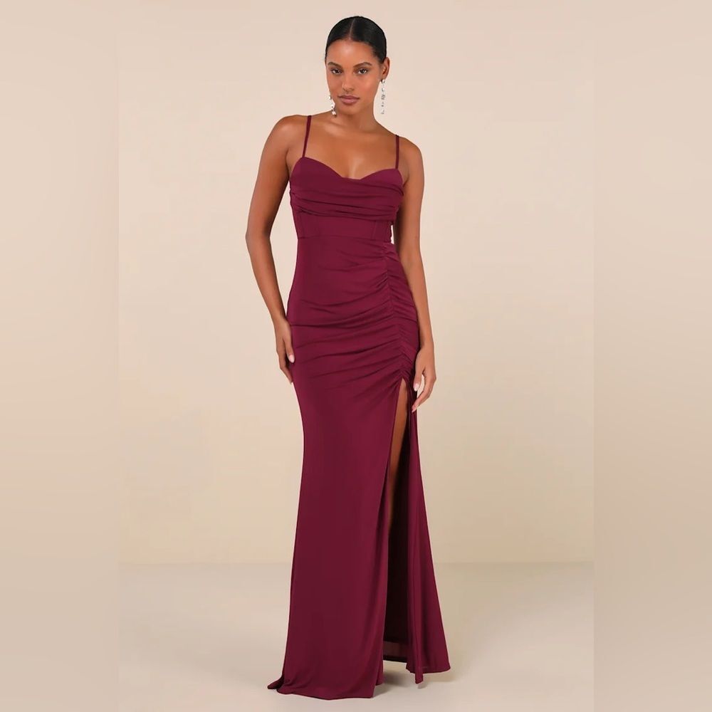 Lulus Flirty Composure Plum Purple Mesh Cowl Bustier Ruched Maxi Dress Sz Small